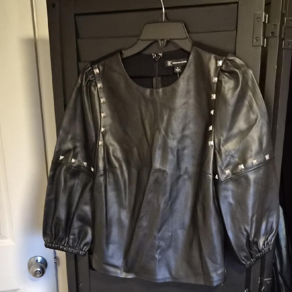 INC International Concepts Black Faux Leather Stud-Trim Pullover Jacket